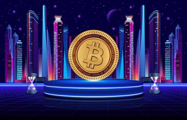 Dijital arkaplandaki bitcoin-btc logosunun görüntüleri. 3d illüstrasyon.
