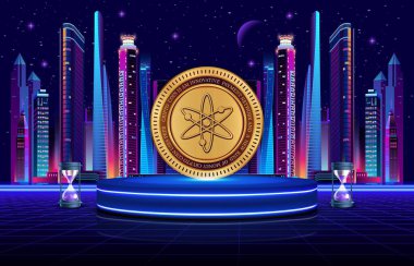 Dijital arkaplanda kozmos-atom kripto para birimi görüntüleri. 3d illüstrasyon.