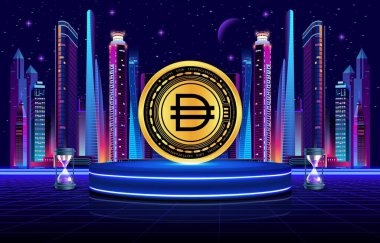 Dijital arkaplanda dai kripto para birimi resimleri. 3d illüstrasyon.