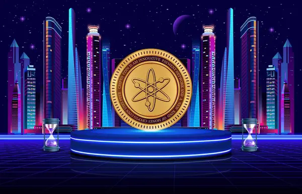 Dijital arkaplanda kozmos-atom kripto para birimi görüntüleri. 3d illüstrasyon.