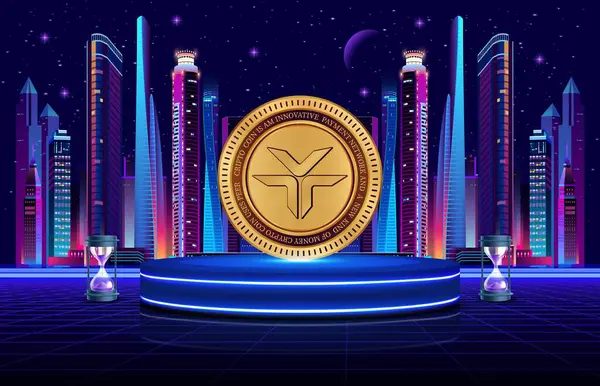 Dijital arkaplanda dexe kripto para birimi resimleri. 3d illüstrasyon.