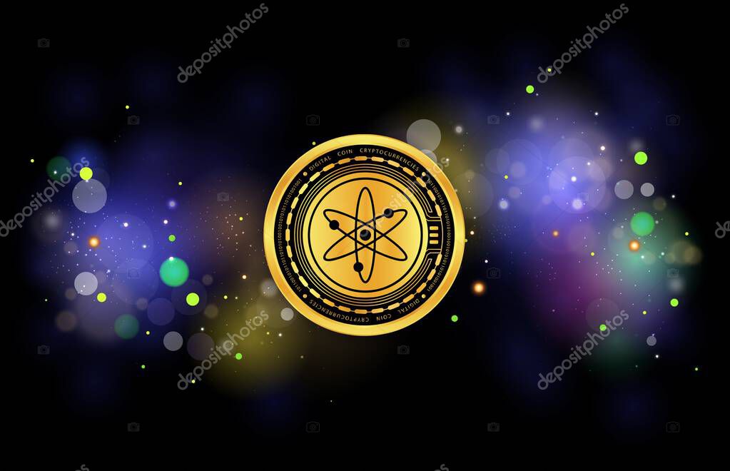 Images of cosmos-atom cryptocurrency on digital background. 3d illustrations.