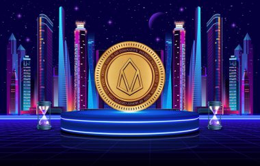 Dijital arkaplanda Eos sanal para birimi görüntüsü. 3B çizimler.