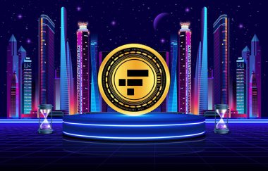 Dijital arkaplanda ftx token-ftt şifreli para birimi logoları. 3d illüstrasyon.