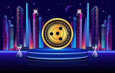 Dijital arkaplanda iyon kripto resmi var. 3d illüstrasyon.