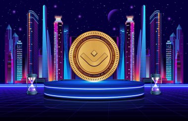 Dijital arkaplanda mantra-om kripto para birimi logoları. 3d illüstrasyon.