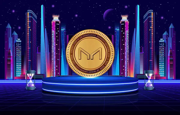 Dijital arka planda sanal para üreticisi-mkr madeni parasının bir görüntüsü. 3d illüstrasyon.