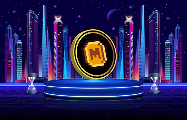Dijital bir arkaplanda memecoin-mem sanal para birimi görüntüsü. 3d illüstrasyon.