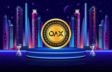 Dijital arkaplanda oax kripto para birimi resimleri. 3d illüstrasyon.
