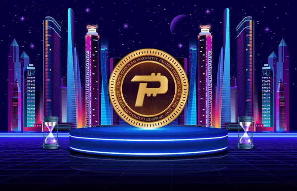 Dijital arkaplanda kripto para birimi logoları var. Pascal-Pasc madeni parası. 3d illüstrasyon.
