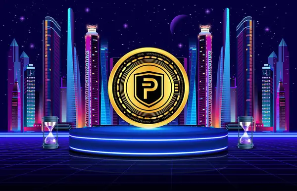 Dijital arkaplanda Pivx kripto para birimi resimleri. 3d illüstrasyon.