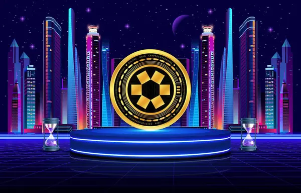 Dijital arkaplanda omni ağ-omni şifreli para birimi logoları. 3d illüstrasyon.