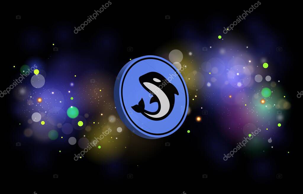 Orca cryptocurrency images on digital background. 3d illustrations.