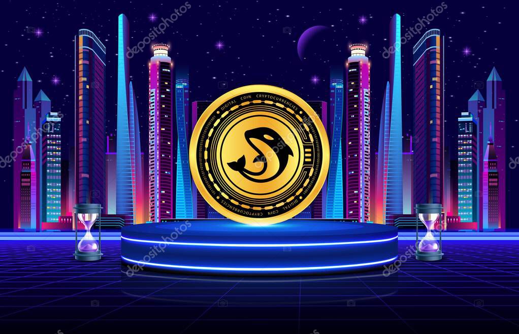 Orca cryptocurrency images on digital background. 3d illustrations.