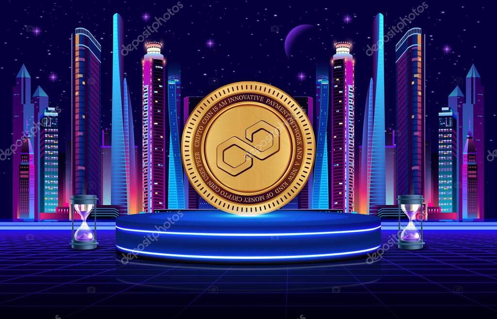 Polygon-matic cryptocurrency images on digital background. 3d illustration.