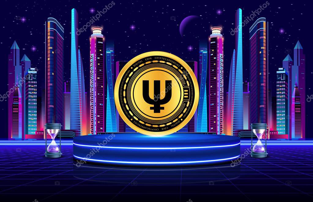 Primecoin-xpm crypto currency images on digital background. 3d illustrations.