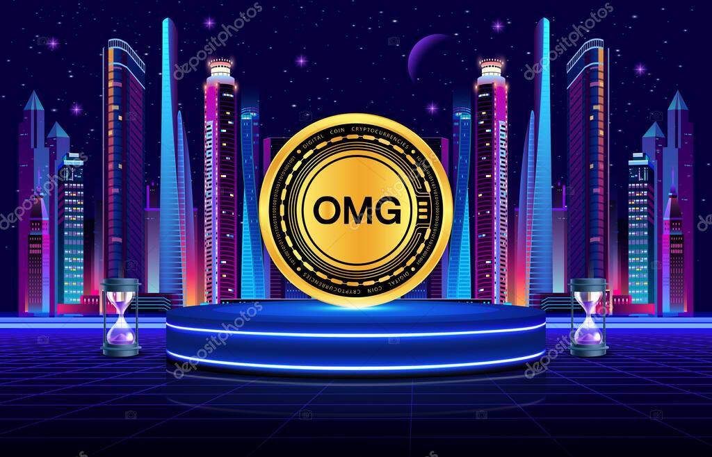 Omg network-omg cryptocurrency images on digital background. 3d illustration.