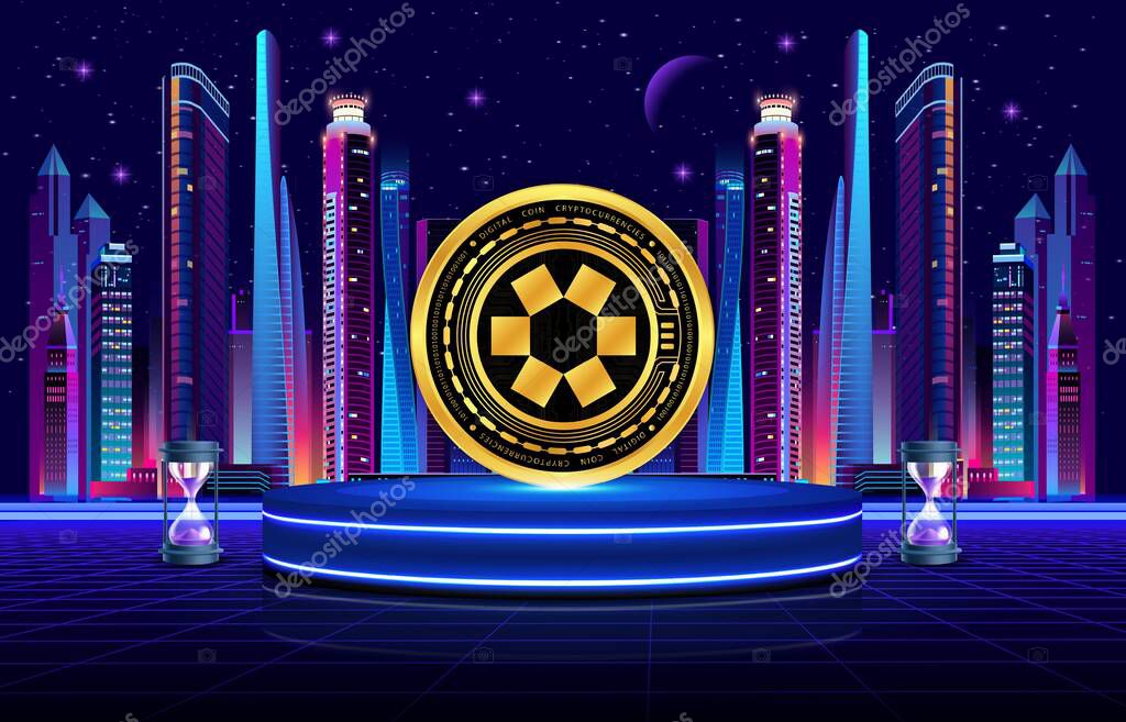Omni network-omni cryptocurrency logos on digital background. 3d illustrations.