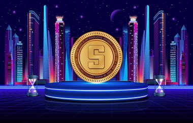  Soyut arka planda kum havuzu ve sanal para birimi logosu. 3d illüstrasyon.