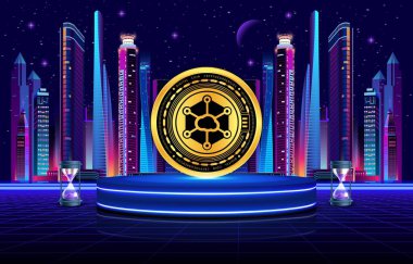 Dijital arkaplanda Storj kripto para birimi resimleri. 3d illüstrasyon.