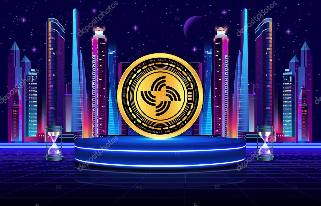 Images of streamr-data cryptocurrency logos on digital background. 3d illustrations.
