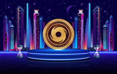 Dijital arkaplanda kripto para birimi logoları var. Kasırga, bozuk para. 3d illüstrasyon.