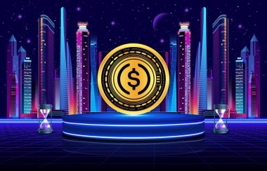 USDC dijital arkaplanda sanal para birimi görüntüleri. 3d illüstrasyon.