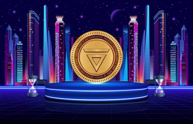 Dijital arkaplanda velas-vlx kripto para birimi logoları. 3d illüstrasyon.