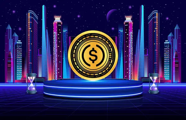 USDC dijital arkaplanda sanal para birimi görüntüleri. 3d illüstrasyon.