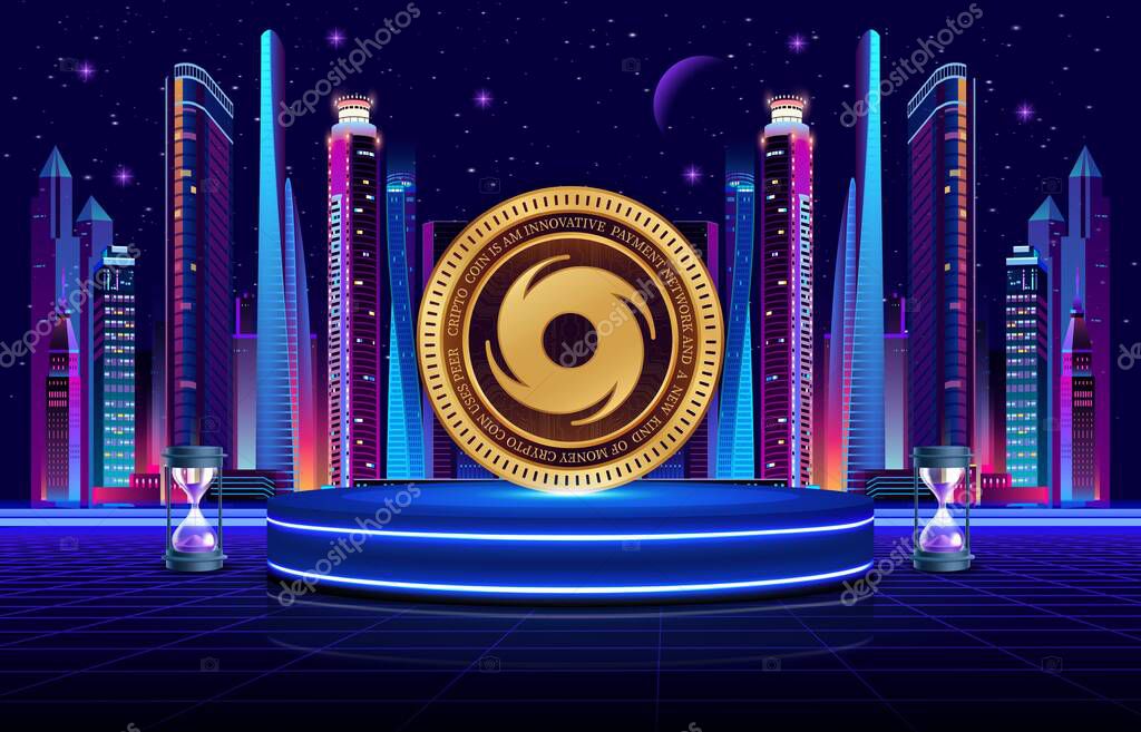 Images of cryptocurrency logos on digital background. tornado cash-torn coin. 3d illustrations.