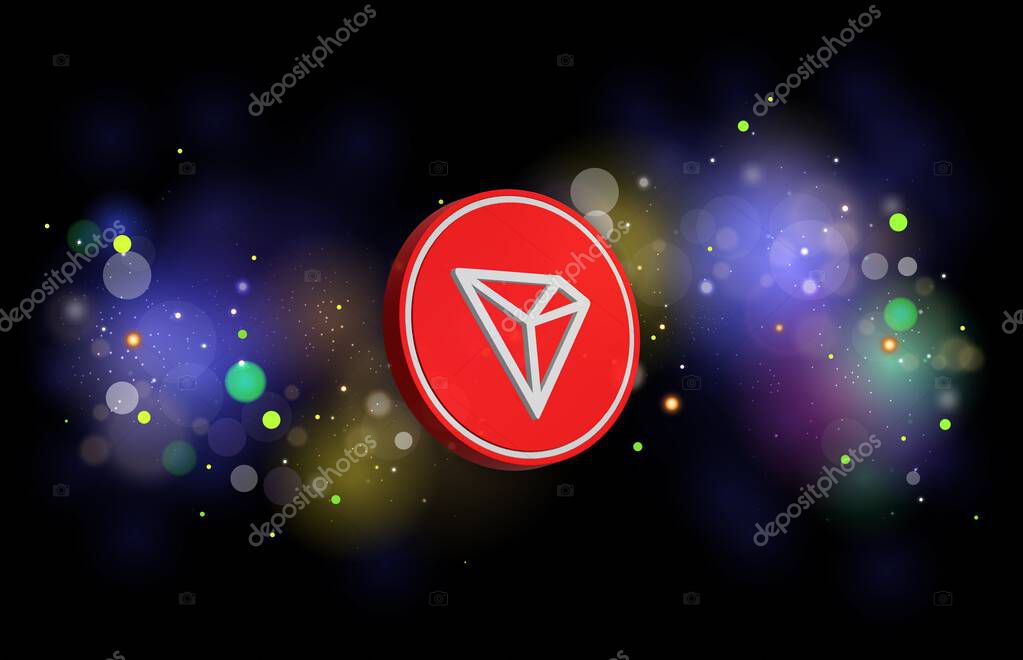 Images of tron-trx cryptocurrency on digital background. 3d illustrations.