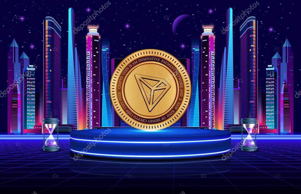Images of tron-trx cryptocurrency on digital background. 3d illustrations.