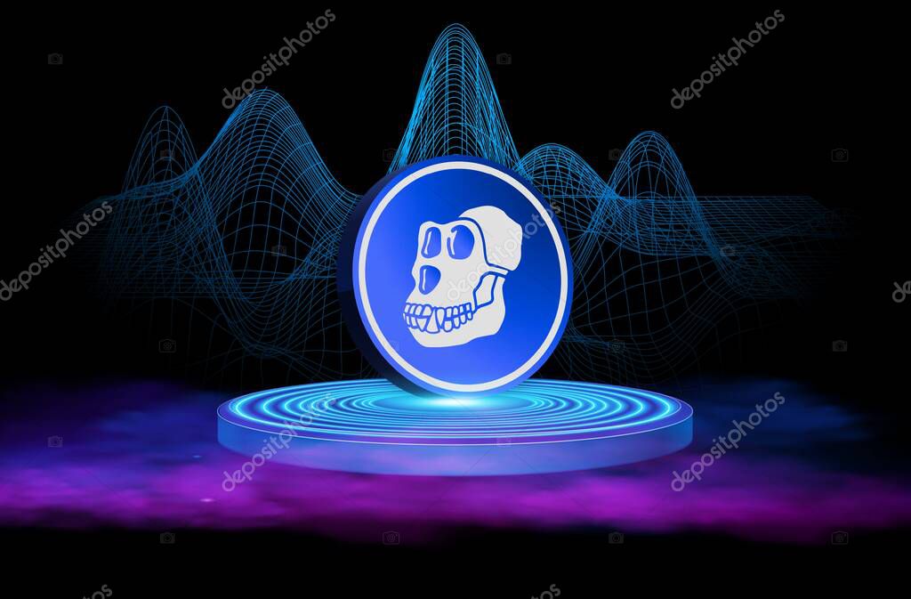 Image of apecoin virtual currency on a digital background. 3d illustration.