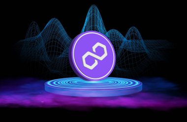 Dijital arkaplanda çokgen-matik kripto para birimi resimleri. 3d illüstrasyon.