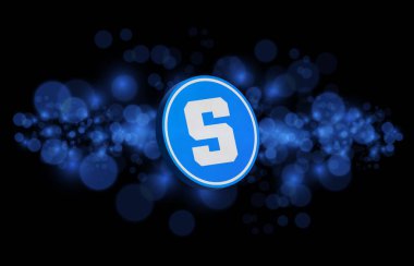  Soyut arka planda kum havuzu ve sanal para birimi logosu. 3d illüstrasyon.