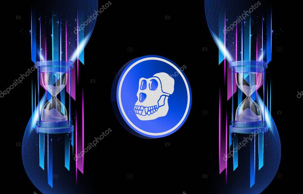 Image of apecoin virtual currency on a digital background. 3d illustration.