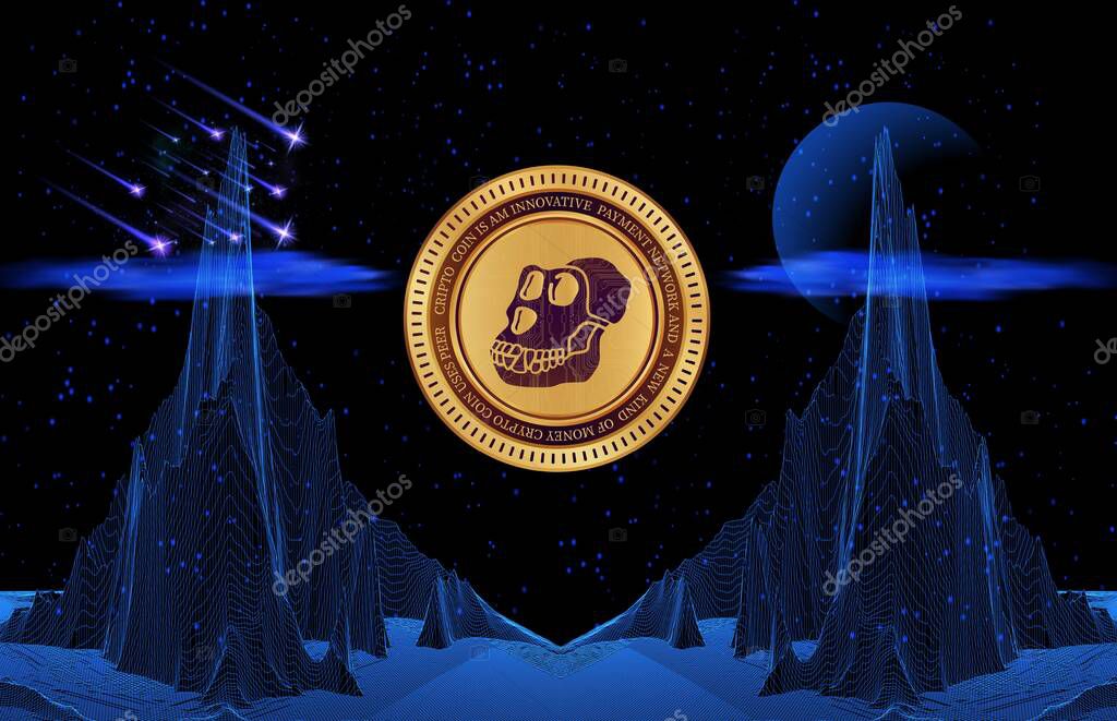 Image of apecoin virtual currency on a digital background. 3d illustration.