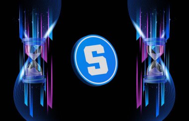  Soyut arka planda kum havuzu ve sanal para birimi logosu. 3d illüstrasyon.