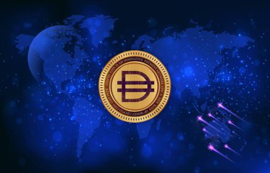 Dijital arkaplanda dai kripto para birimi resimleri. 3d illüstrasyon.