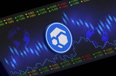 Sanal para birimi görüntüsünü dijital arkaplanda akıt. 3d illüstrasyon.