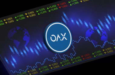 Dijital arkaplanda oax kripto para birimi resimleri. 3d illüstrasyon.
