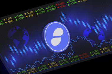 Dijital arkaplanda durum-durum sanal para birimi resimleri. 3d illüstrasyon.