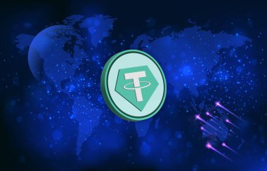 Dijital arkaplanda sanal para birimi resimleri var. 3d illüstrasyon.