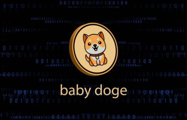 Bebek Doge dijital arka planda şifreli para birimi logoları. 3d illüstrasyon.