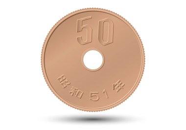 Japanese Yen Coin (Money), 50 yen coin. Reverse of Japanese fifty yen coin, isolated white background.