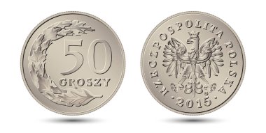 Beyaz arka planda 50 Polonya Groschen madeni parası izole edilmiş. 50 Polonya Groschen madeni parasının tersi ve tersi. Vektör illüstrasyonu.