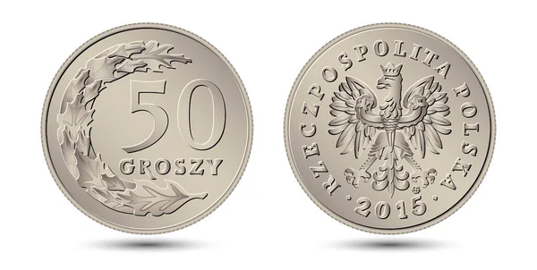 Ятдесят Польських Монет Ізольованих Білому Тлі Зворотний Лицьовий Бік Ятдесяти — стоковий вектор