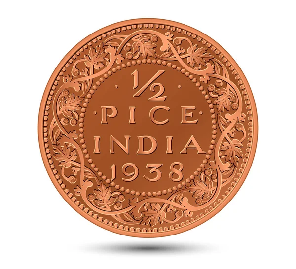 Indyjski Antyczny Brąz Pół Pice Monety Białym Tle Izolacja Ilustracji — Wektor stockowy