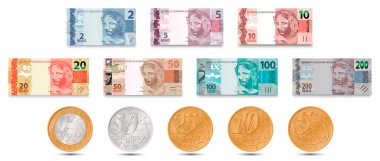 Set of Brazilian banknotes and Brazilian coins. Brazilian money. Brazilian real. Vector illustration. clipart