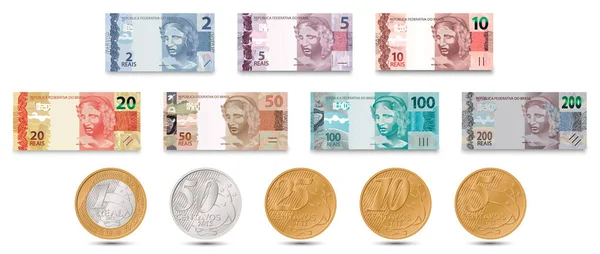 Set Banconote Brasiliane Monete Brasiliane Soldi Brasiliani Real Brasiliano Illustrazione — Vettoriale Stock